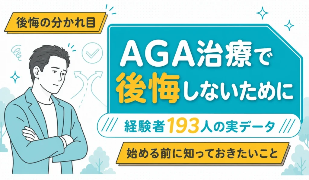 腕を組んで考えこむ男性と二又の道の矢印を配した、AGA治療の後悔を経験者193人のデータで見る記事の見出しイラスト（編集部調べ）
