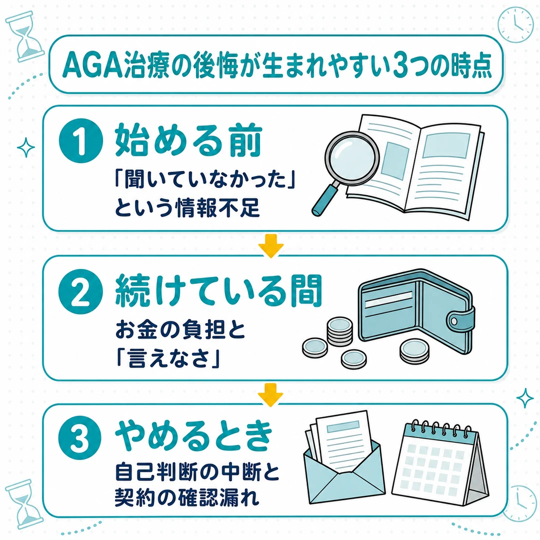AGA治療の後悔が生まれやすい3つの時点(始める前・続けている間・やめるとき)を、虫めがね・財布・書類のイラストとともに縦に並べた図