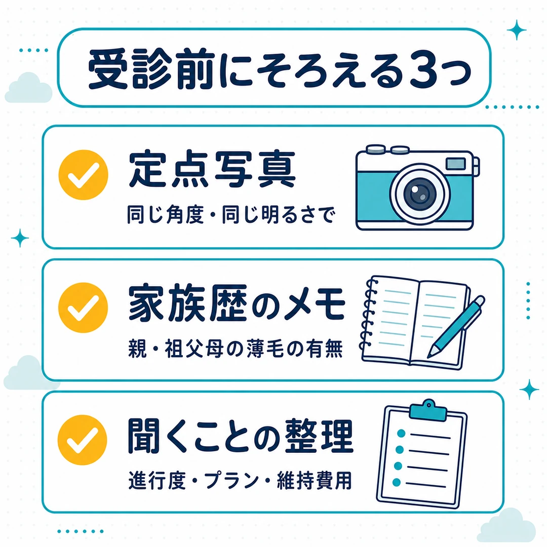 AGAの受診前にそろえる3点をまとめたチェック図。定点写真・家族歴のメモ・カウンセリングで聞くことの整理を、カメラとメモ帳のイラストで示す