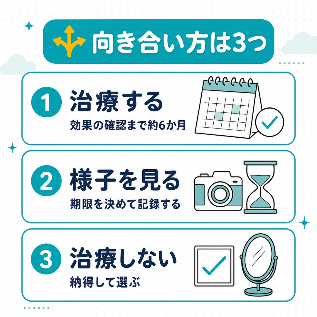 AGAへの向き合い方3つをまとめた図。治療する・様子を見る・治療しないを、カレンダーとカメラのイラストで並べて示す
