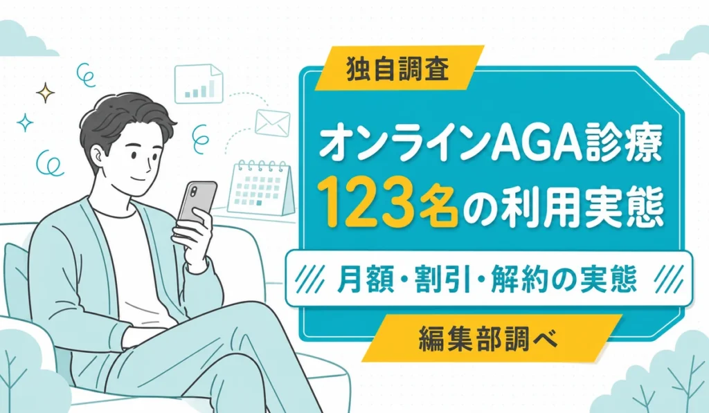 ソファでスマートフォンを見ながらオンライン診療を受ける男性のイラスト。「オンラインAGA診療 123名の利用実態」「月額・割引・解約の実態」の見出しが並ぶ（編集部調べ）