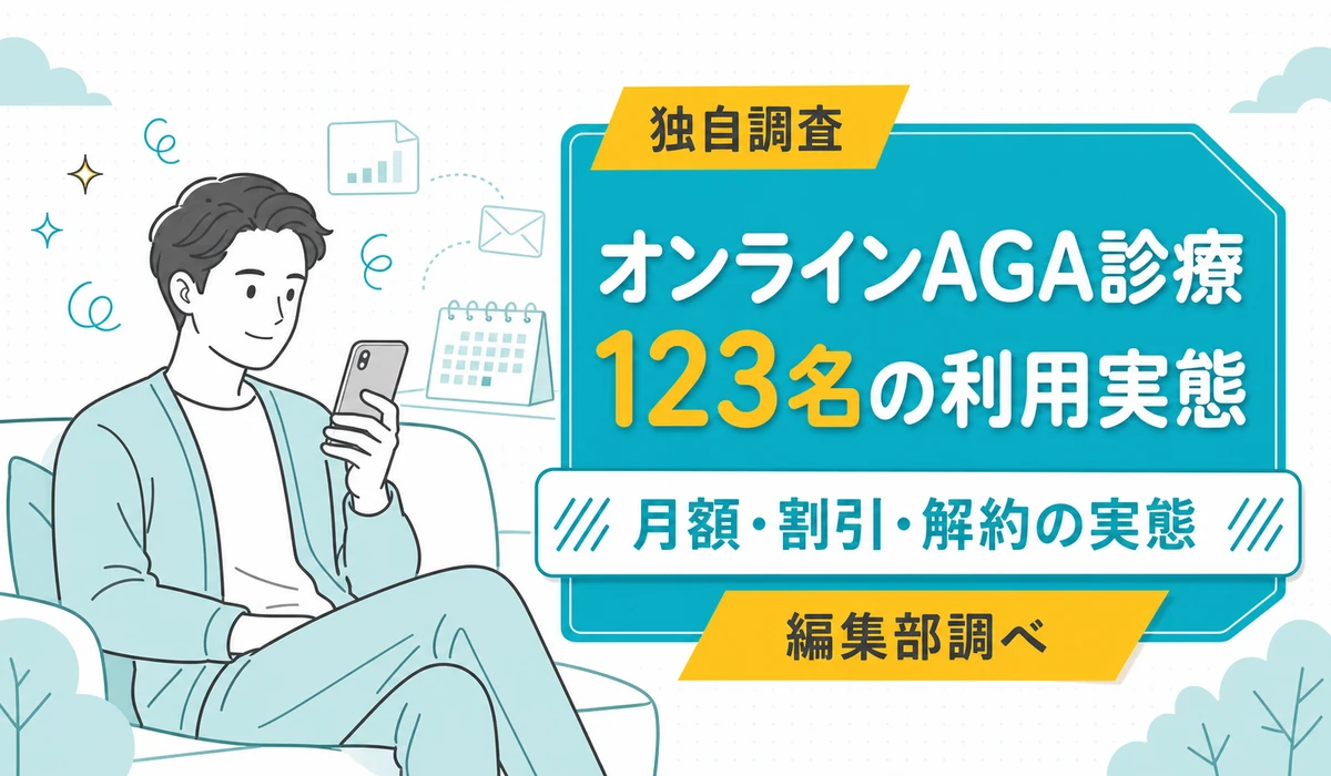 ソファでスマートフォンを見ながらオンライン診療を受ける男性のイラスト。「オンラインAGA診療 123名の利用実態」「月額・割引・解約の実態」の見出しが並ぶ(編集部調べ)