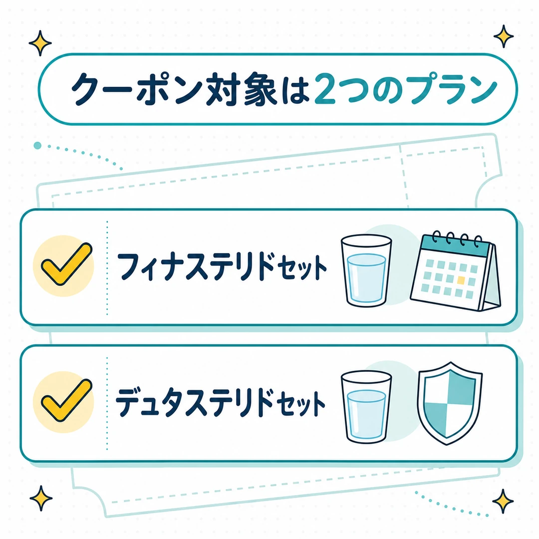 クーポン対象は2つのプランであることを示す図。発毛ライトプランのフィナステリドセットとデュタステリドセットの2つにチェックが付いている