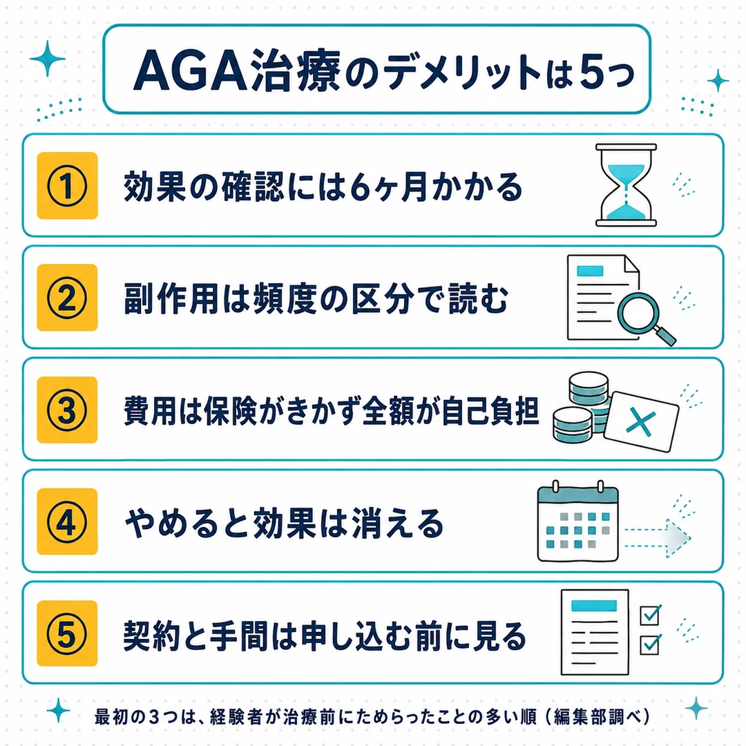 AGA治療のデメリット5つ(効果の確認に6ヶ月・副作用は頻度の区分で読む・保険外の費用・やめると効果が消える・契約と手間)を縦に並べ、最初の3つは経験者が治療前にためらったことの多い順と注記した図(編集部調べ)