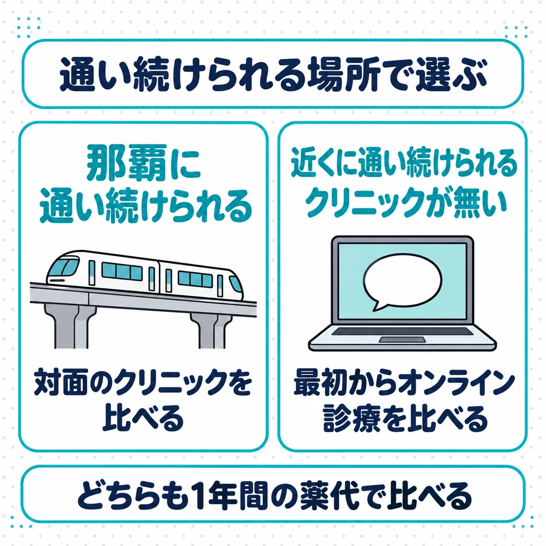那覇に通い続けられるなら対面のクリニックを、近くに通い続けられるクリニックが無ければ最初からオンライン診療を比べ、どちらも1年間の薬代で比べることを示した図