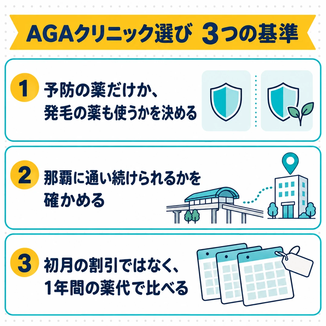 AGAクリニック選びの3つの基準(予防か発毛か・那覇に通い続けられるか・1年間の薬代)の図
