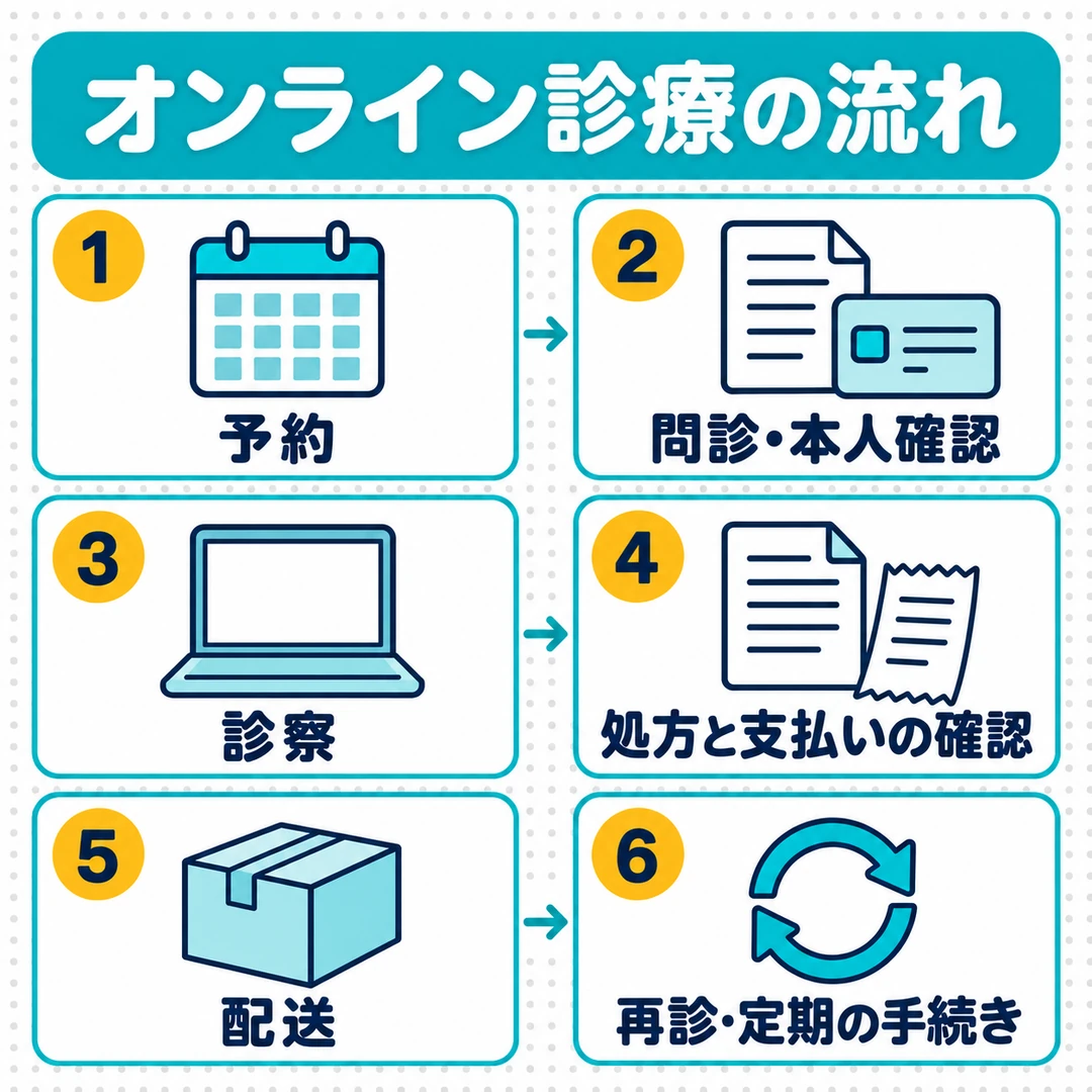 オンライン診療の流れ(予約・問診と本人確認・診察・処方と支払いの確認・配送・再診と定期の手続き)の図