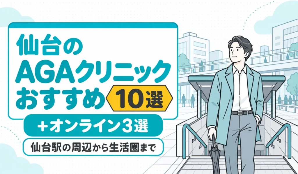地下鉄の出入口の階段を上がったところで折りたたみ傘を閉じる男性のイラストと「仙台のAGAクリニック おすすめ10選」の文字