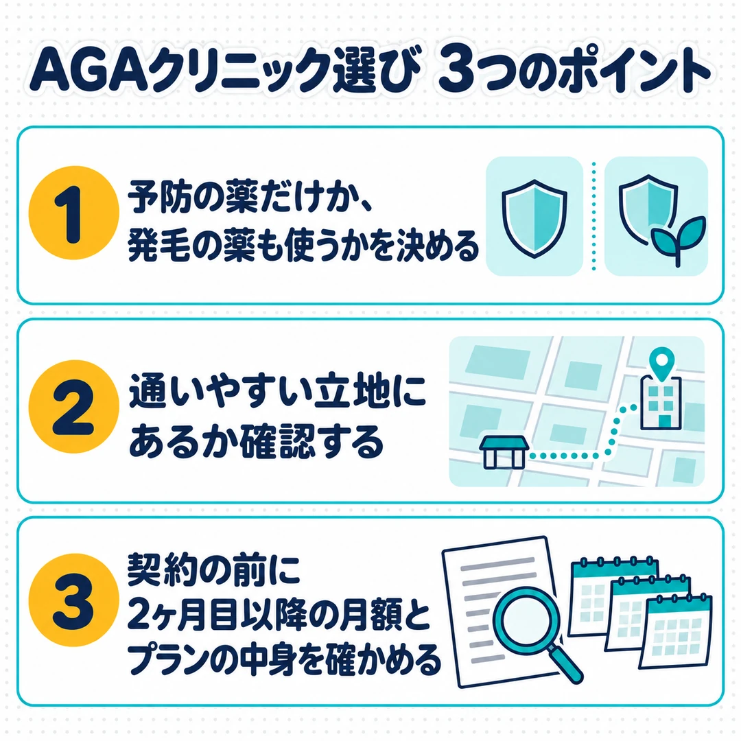 AGAクリニック選びの3つのポイント(予防か発毛か・通いやすい立地・2ヶ月目以降の月額とプランの中身)の図