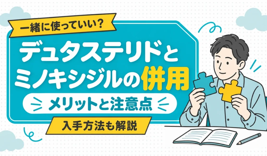 デュタステリドとミノキシジルの併用のメリットと注意点を示す見出しイラスト。2つのパズルのピースを組み合わせようと見比べる男性