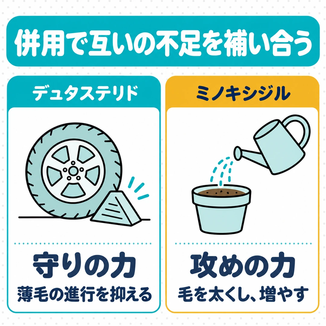 デュタステリドとミノキシジルの役割の比較図。デュタステリドは薄毛の進行を抑える守りの力、ミノキシジルは毛を太くし増やす攻めの力